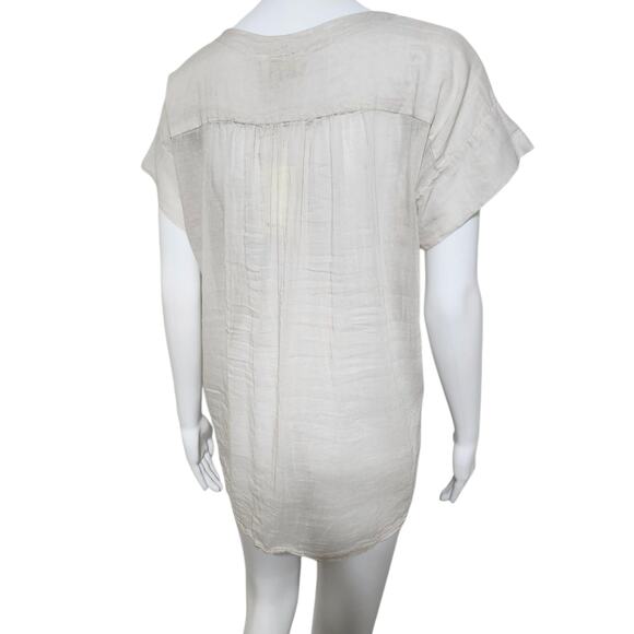 Momoni Medium Peasant Cotton Silk Sheer Lagenlook Blouse Beige Hi Low Hem Top - Picture 8 of 10